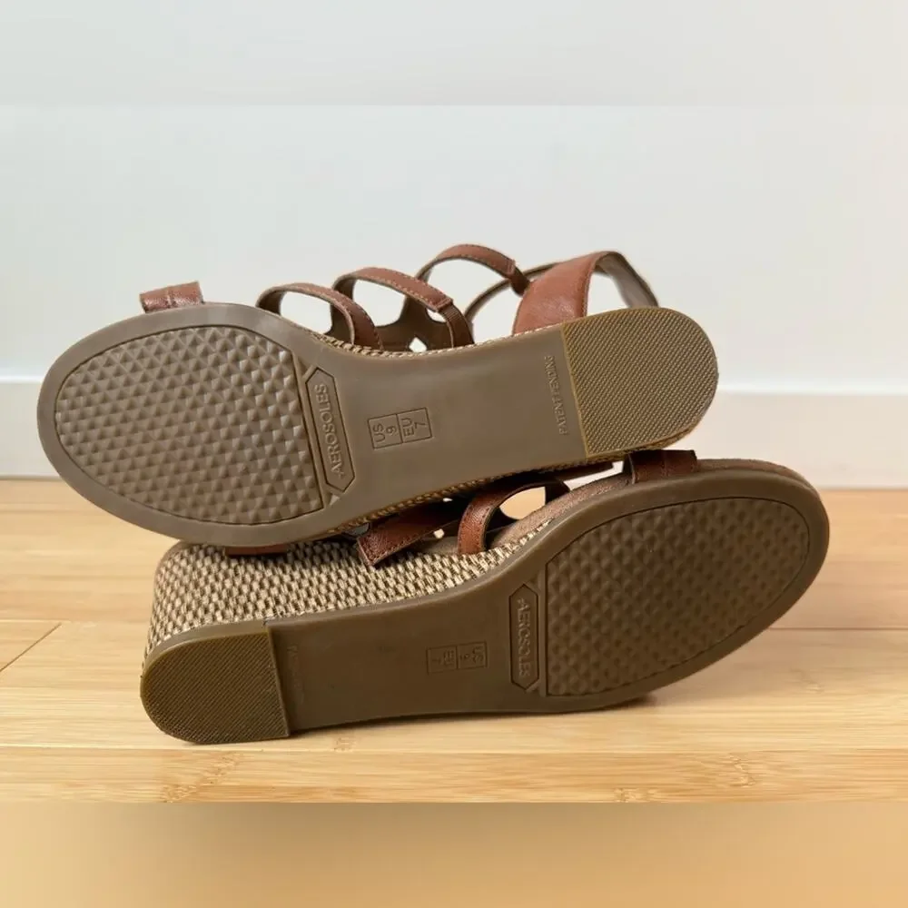 AEROSOLES HEEL REST BROWN LEATHER SPARKLE GLADIATOR ESPADRILLES WEDGES SIZE 9